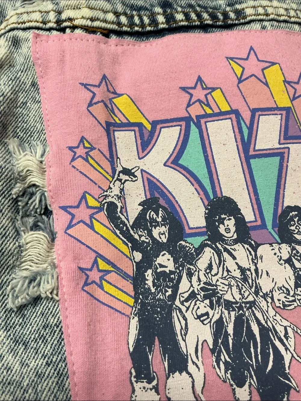 KISS Upcycled Denim 80s Stonewashed Distressed Band Jean Jacket Costume